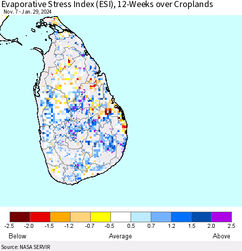 Sri Lanka Evaporative Stress Index (ESI), 12-Weeks over Croplands Thematic Map For 1/29/2024 - 2/4/2024