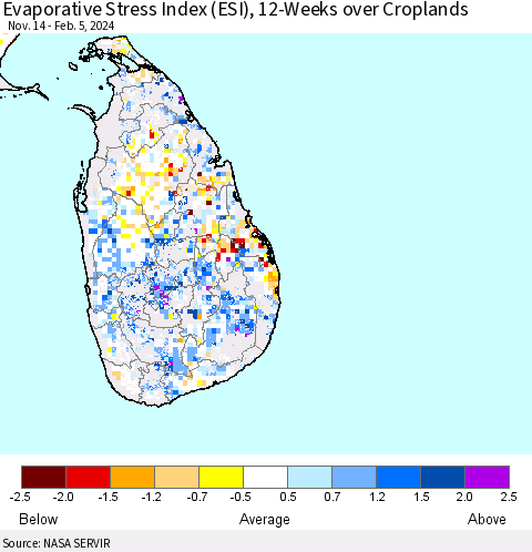 Sri Lanka Evaporative Stress Index (ESI), 12-Weeks over Croplands Thematic Map For 2/5/2024 - 2/11/2024