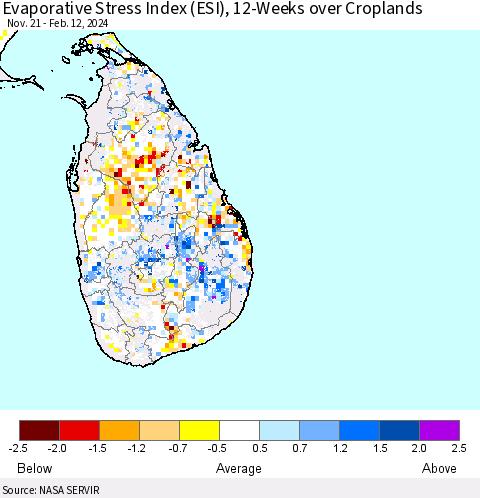 Sri Lanka Evaporative Stress Index (ESI), 12-Weeks over Croplands Thematic Map For 2/12/2024 - 2/18/2024