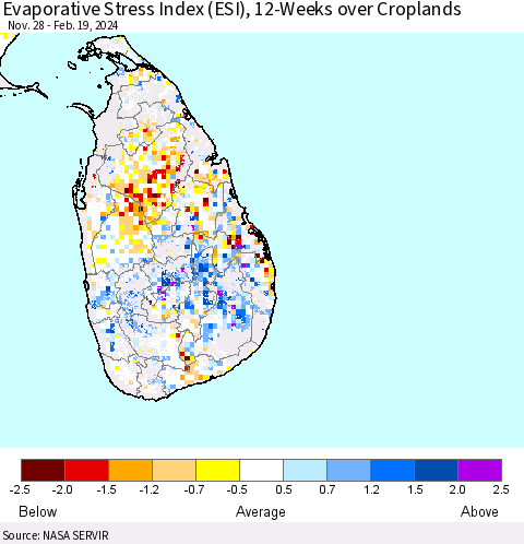 Sri Lanka Evaporative Stress Index (ESI), 12-Weeks over Croplands Thematic Map For 2/19/2024 - 2/25/2024
