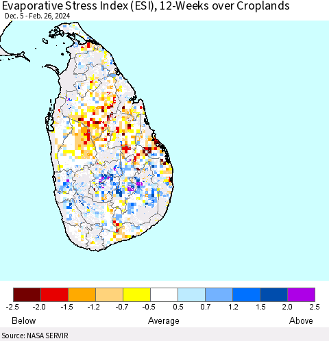 Sri Lanka Evaporative Stress Index (ESI), 12-Weeks over Croplands Thematic Map For 2/26/2024 - 3/3/2024