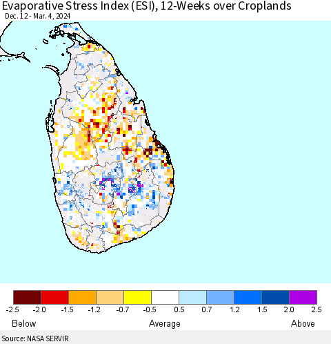 Sri Lanka Evaporative Stress Index (ESI), 12-Weeks over Croplands Thematic Map For 3/4/2024 - 3/10/2024