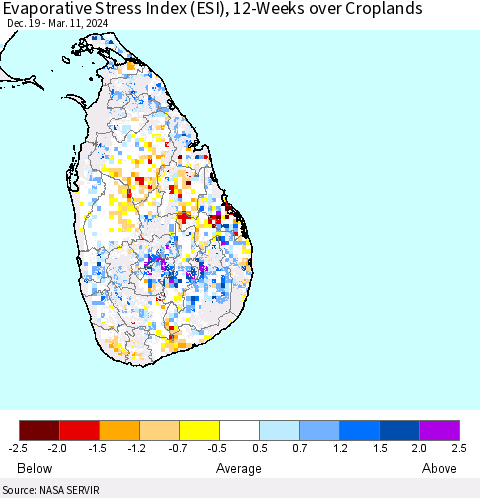 Sri Lanka Evaporative Stress Index (ESI), 12-Weeks over Croplands Thematic Map For 3/11/2024 - 3/17/2024