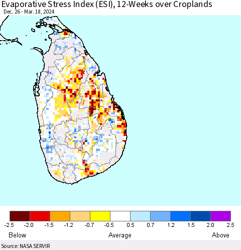 Sri Lanka Evaporative Stress Index (ESI), 12-Weeks over Croplands Thematic Map For 3/18/2024 - 3/24/2024