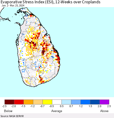 Sri Lanka Evaporative Stress Index (ESI), 12-Weeks over Croplands Thematic Map For 3/25/2024 - 3/31/2024