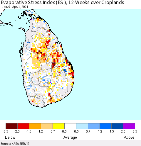 Sri Lanka Evaporative Stress Index (ESI), 12-Weeks over Croplands Thematic Map For 4/1/2024 - 4/7/2024