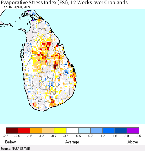 Sri Lanka Evaporative Stress Index (ESI), 12-Weeks over Croplands Thematic Map For 4/8/2024 - 4/14/2024