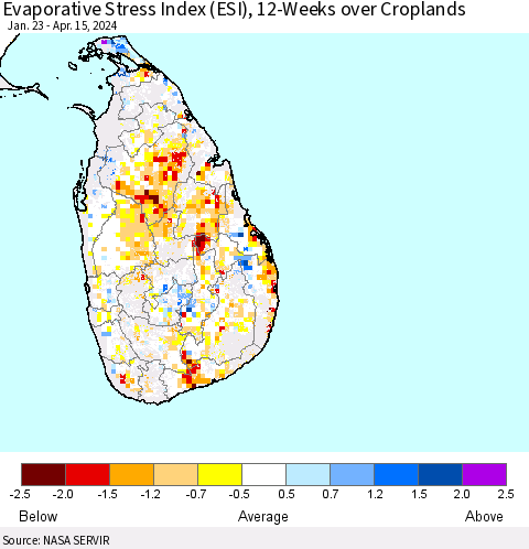 Sri Lanka Evaporative Stress Index (ESI), 12-Weeks over Croplands Thematic Map For 4/15/2024 - 4/21/2024