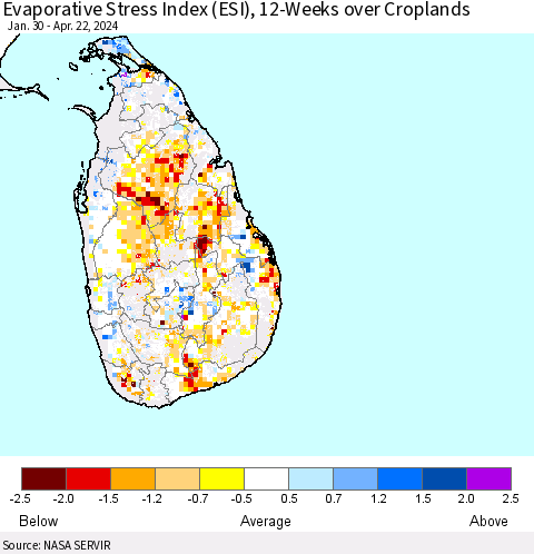 Sri Lanka Evaporative Stress Index (ESI), 12-Weeks over Croplands Thematic Map For 4/22/2024 - 4/28/2024