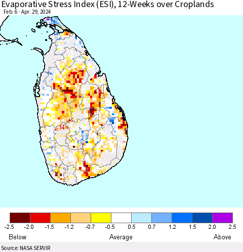 Sri Lanka Evaporative Stress Index (ESI), 12-Weeks over Croplands Thematic Map For 4/29/2024 - 5/5/2024