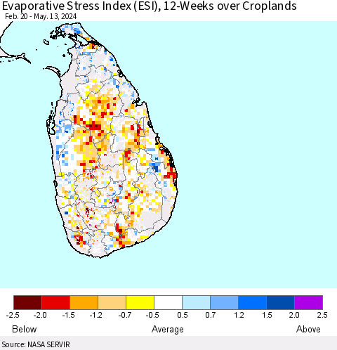 Sri Lanka Evaporative Stress Index (ESI), 12-Weeks over Croplands Thematic Map For 5/13/2024 - 5/19/2024