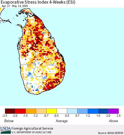 Sri Lanka Evaporative Stress Index (ESI), 4-Weeks Thematic Map For 5/13/2019 - 5/19/2019