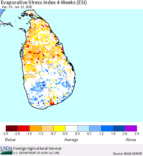 Sri Lanka Evaporative Stress Index (ESI), 4-Weeks Thematic Map For 1/13/2020 - 1/19/2020