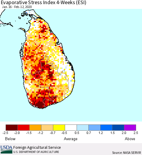 Sri Lanka Evaporative Stress Index (ESI), 4-Weeks Thematic Map For 2/10/2020 - 2/16/2020