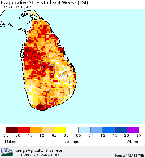 Sri Lanka Evaporative Stress Index (ESI), 4-Weeks Thematic Map For 2/17/2020 - 2/23/2020