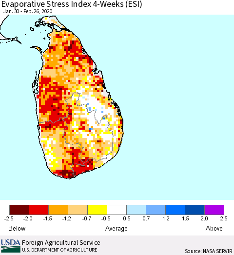 Sri Lanka Evaporative Stress Index (ESI), 4-Weeks Thematic Map For 2/24/2020 - 3/1/2020