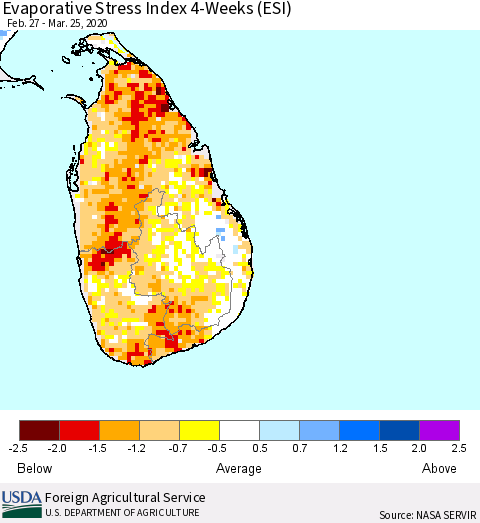 Sri Lanka Evaporative Stress Index (ESI), 4-Weeks Thematic Map For 3/23/2020 - 3/29/2020