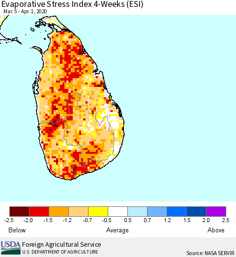 Sri Lanka Evaporative Stress Index (ESI), 4-Weeks Thematic Map For 3/30/2020 - 4/5/2020