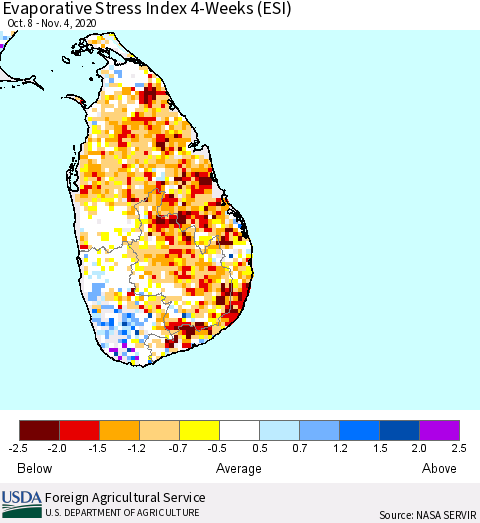 Sri Lanka Evaporative Stress Index (ESI), 4-Weeks Thematic Map For 11/2/2020 - 11/8/2020