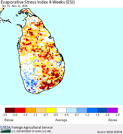 Sri Lanka Evaporative Stress Index (ESI), 4-Weeks Thematic Map For 11/9/2020 - 11/15/2020