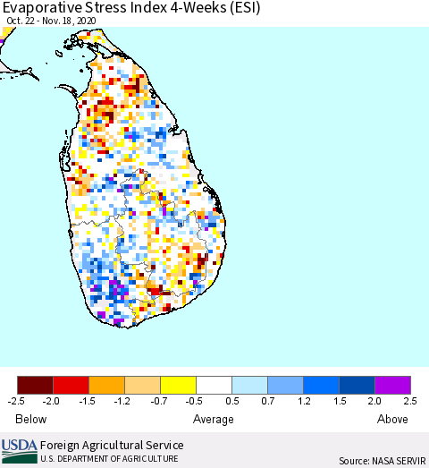 Sri Lanka Evaporative Stress Index 4-Weeks (ESI) Thematic Map For 11/16/2020 - 11/22/2020