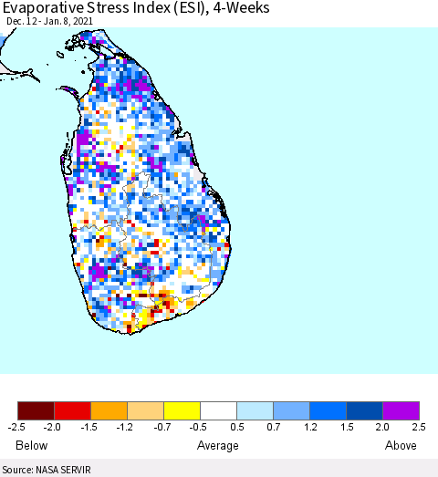 Sri Lanka Evaporative Stress Index (ESI), 4-Weeks Thematic Map For 1/4/2021 - 1/10/2021