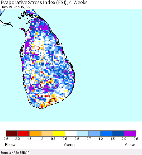 Sri Lanka Evaporative Stress Index 4-Weeks (ESI) Thematic Map For 1/11/2021 - 1/17/2021