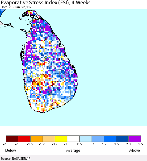 Sri Lanka Evaporative Stress Index 4-Weeks (ESI) Thematic Map For 1/18/2021 - 1/24/2021