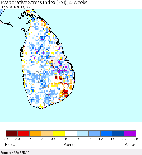 Sri Lanka Evaporative Stress Index (ESI), 4-Weeks Thematic Map For 3/15/2021 - 3/21/2021