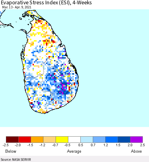 Sri Lanka Evaporative Stress Index 4-Weeks (ESI) Thematic Map For 4/5/2021 - 4/11/2021