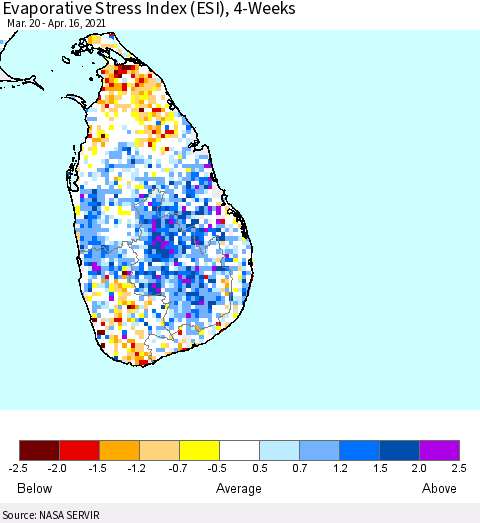 Sri Lanka Evaporative Stress Index 4-Weeks (ESI) Thematic Map For 4/12/2021 - 4/18/2021