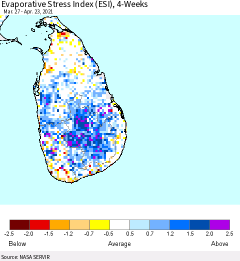 Sri Lanka Evaporative Stress Index (ESI), 4-Weeks Thematic Map For 4/19/2021 - 4/25/2021
