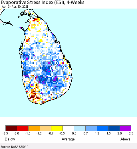 Sri Lanka Evaporative Stress Index (ESI), 4-Weeks Thematic Map For 4/26/2021 - 5/2/2021