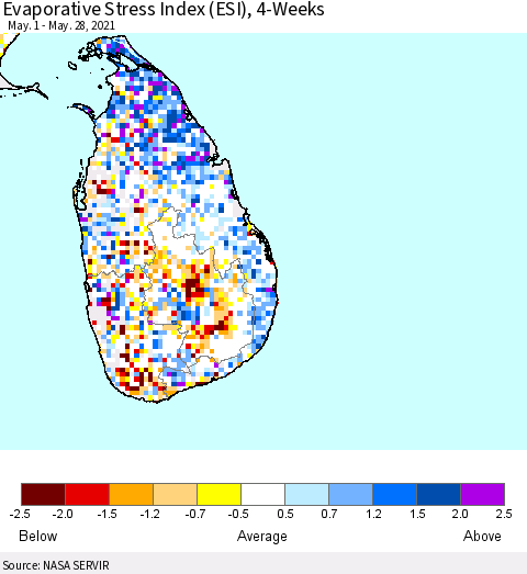 Sri Lanka Evaporative Stress Index (ESI), 4-Weeks Thematic Map For 5/24/2021 - 5/30/2021