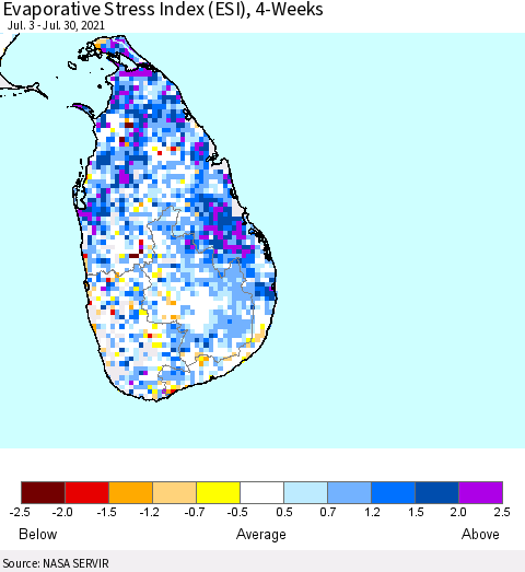 Sri Lanka Evaporative Stress Index (ESI), 4-Weeks Thematic Map For 7/26/2021 - 8/1/2021