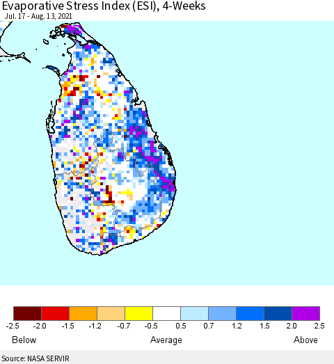 Sri Lanka Evaporative Stress Index (ESI), 4-Weeks Thematic Map For 8/9/2021 - 8/15/2021
