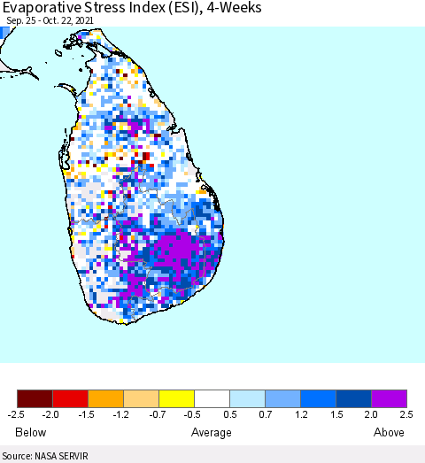 Sri Lanka Evaporative Stress Index (ESI), 4-Weeks Thematic Map For 10/18/2021 - 10/24/2021
