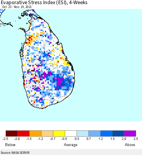 Sri Lanka Evaporative Stress Index (ESI), 4-Weeks Thematic Map For 11/15/2021 - 11/21/2021