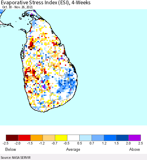 Sri Lanka Evaporative Stress Index (ESI), 4-Weeks Thematic Map For 11/22/2021 - 11/28/2021