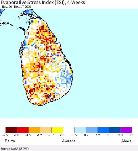Sri Lanka Evaporative Stress Index (ESI), 4-Weeks Thematic Map For 12/13/2021 - 12/19/2021