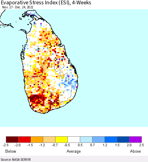 Sri Lanka Evaporative Stress Index (ESI), 4-Weeks Thematic Map For 12/20/2021 - 12/26/2021