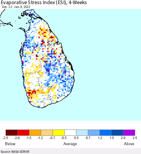 Sri Lanka Evaporative Stress Index (ESI), 4-Weeks Thematic Map For 1/3/2022 - 1/9/2022
