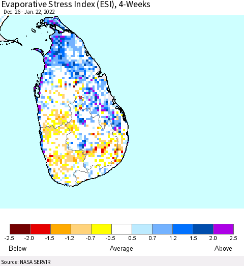 Sri Lanka Evaporative Stress Index (ESI), 4-Weeks Thematic Map For 1/17/2022 - 1/23/2022