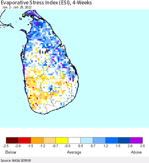 Sri Lanka Evaporative Stress Index (ESI), 4-Weeks Thematic Map For 1/24/2022 - 1/30/2022