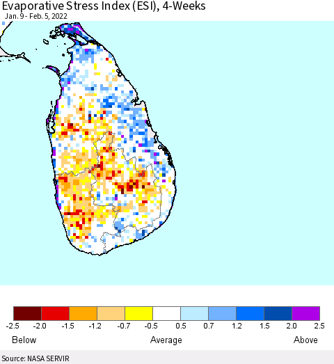 Sri Lanka Evaporative Stress Index (ESI), 4-Weeks Thematic Map For 1/31/2022 - 2/6/2022
