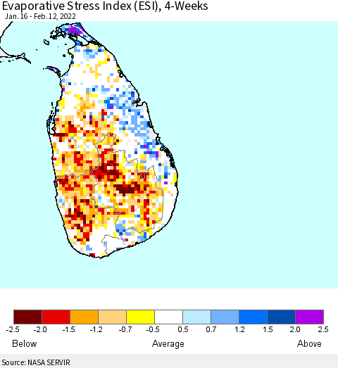 Sri Lanka Evaporative Stress Index (ESI), 4-Weeks Thematic Map For 2/7/2022 - 2/13/2022