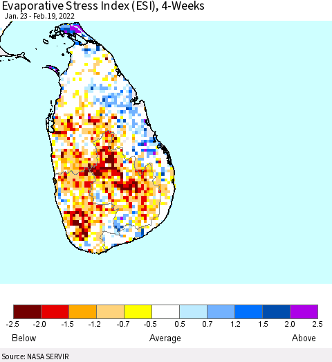 Sri Lanka Evaporative Stress Index (ESI), 4-Weeks Thematic Map For 2/14/2022 - 2/20/2022