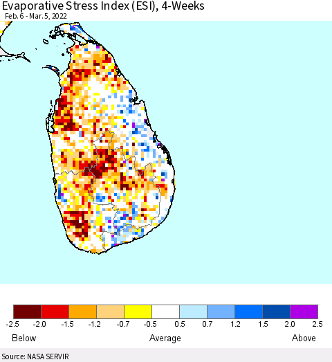 Sri Lanka Evaporative Stress Index (ESI), 4-Weeks Thematic Map For 2/28/2022 - 3/6/2022