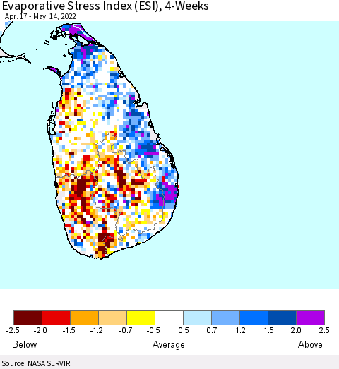 Sri Lanka Evaporative Stress Index (ESI), 4-Weeks Thematic Map For 5/9/2022 - 5/15/2022