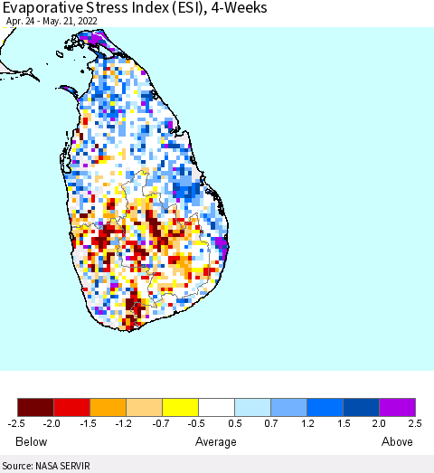Sri Lanka Evaporative Stress Index (ESI), 4-Weeks Thematic Map For 5/16/2022 - 5/22/2022